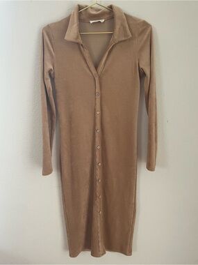 Peach Love California Camel Button-Front Long Sleeve Midi Dress